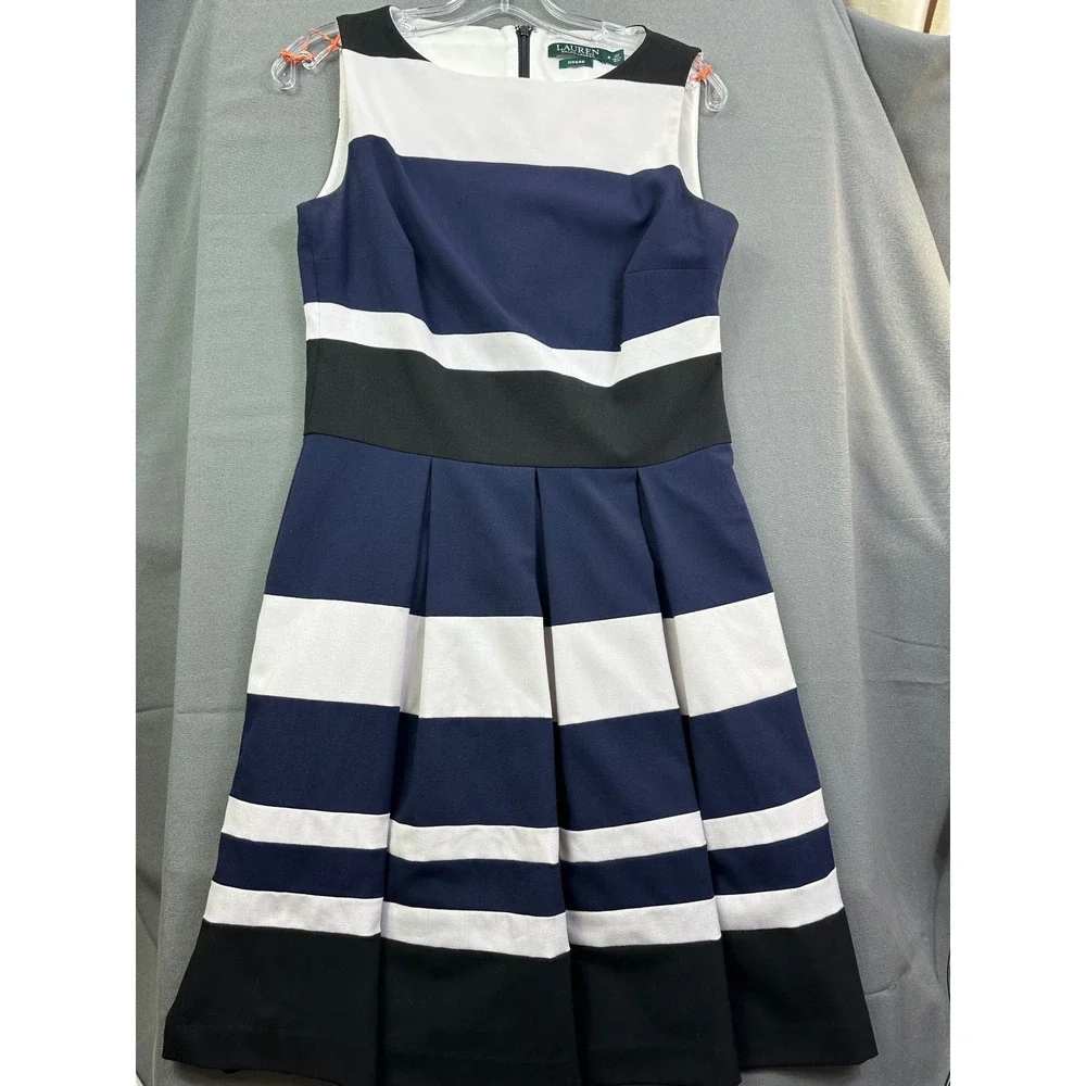 Lauren Ralph Lauren Striped Fit and Flare Dress Navy White Black Size 8